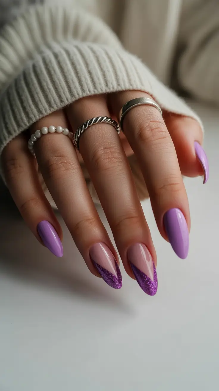 cozy trendy spring nails 2026 Lavender Glitter French on Almond