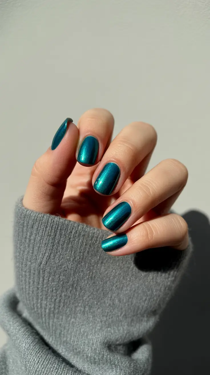 cozy trendy spring nails 2026 Deep Teal Metallic on Short Square
