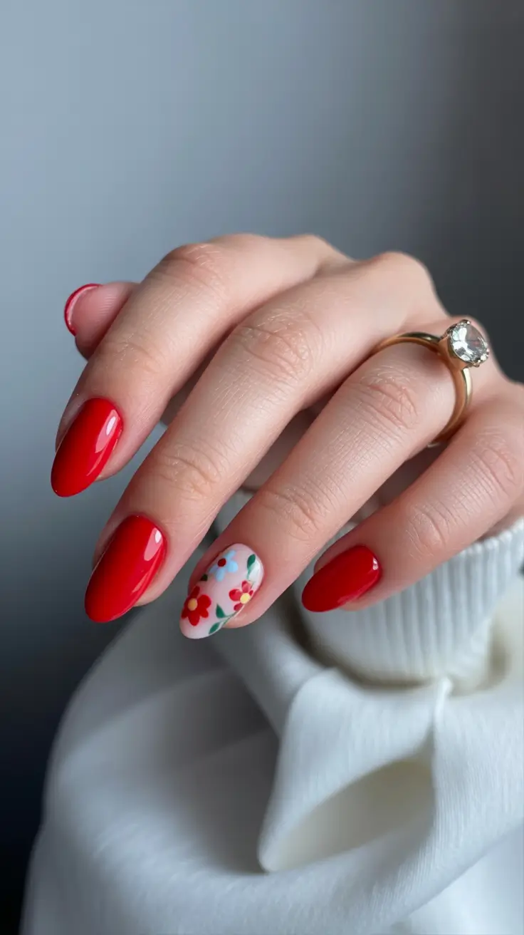 cozy trendy spring nails 2026 Cherry Red Gloss with Floral Accent