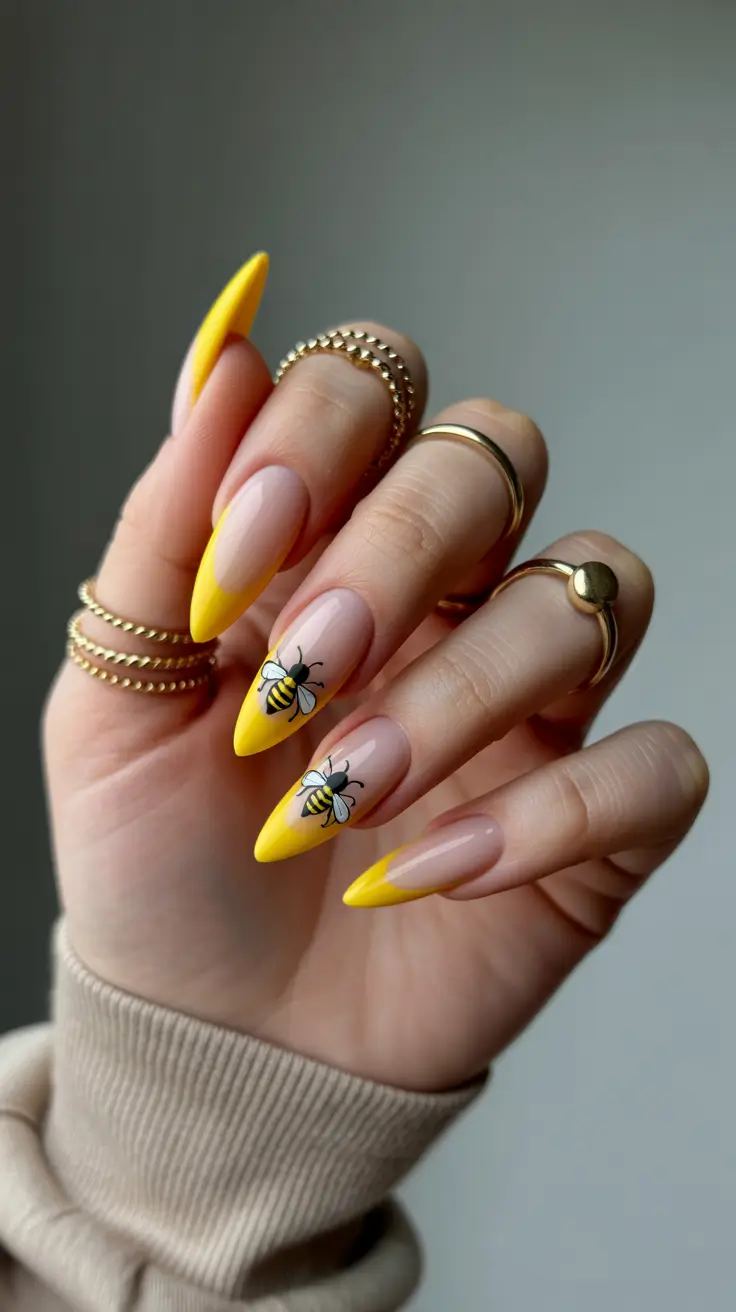 cozy trendy spring nails 2026 Sunny Yellow French with Bee Motif