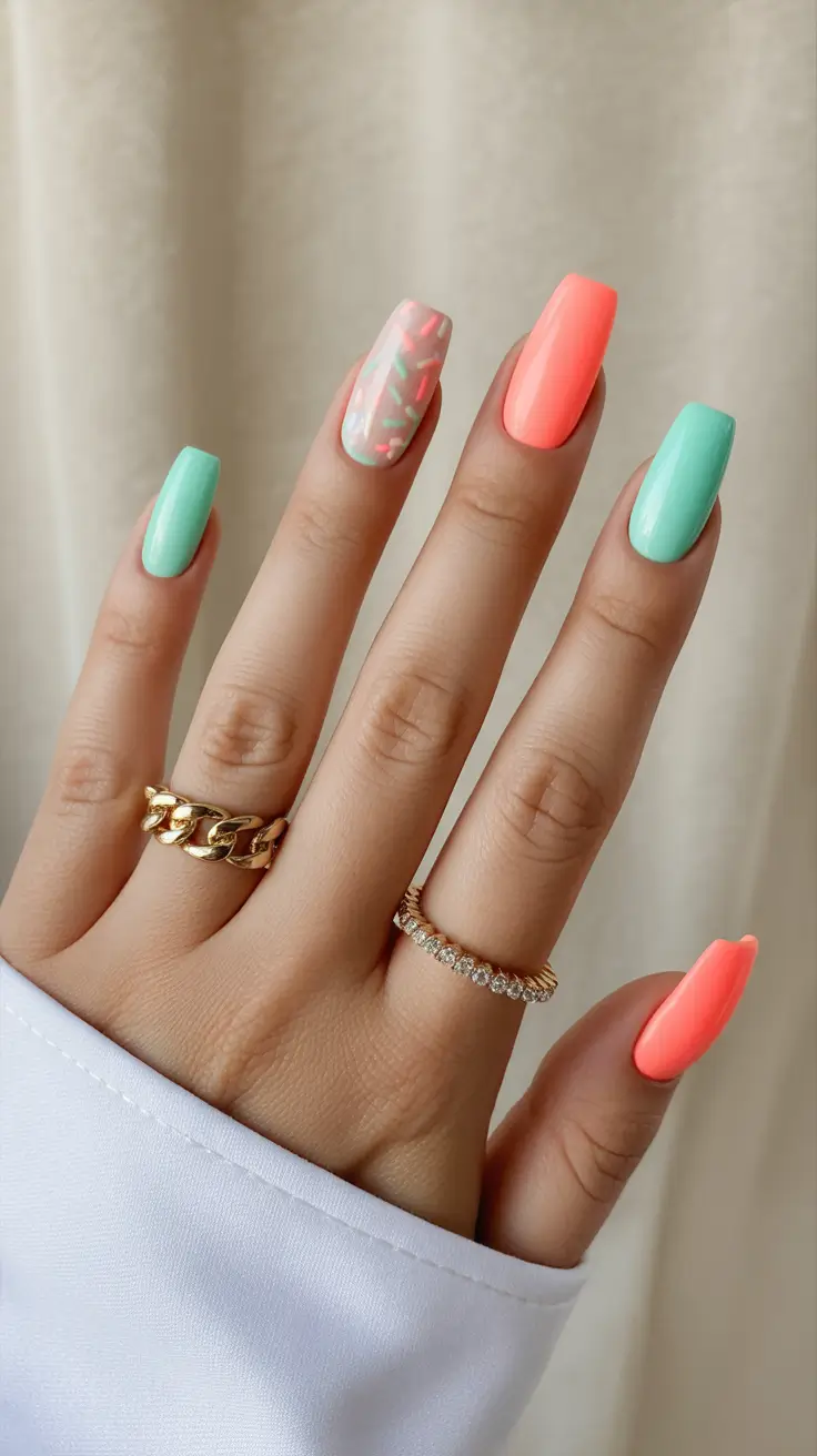 cozy trendy spring nails 2026 Neon Sorbet Blocks on Long Square
