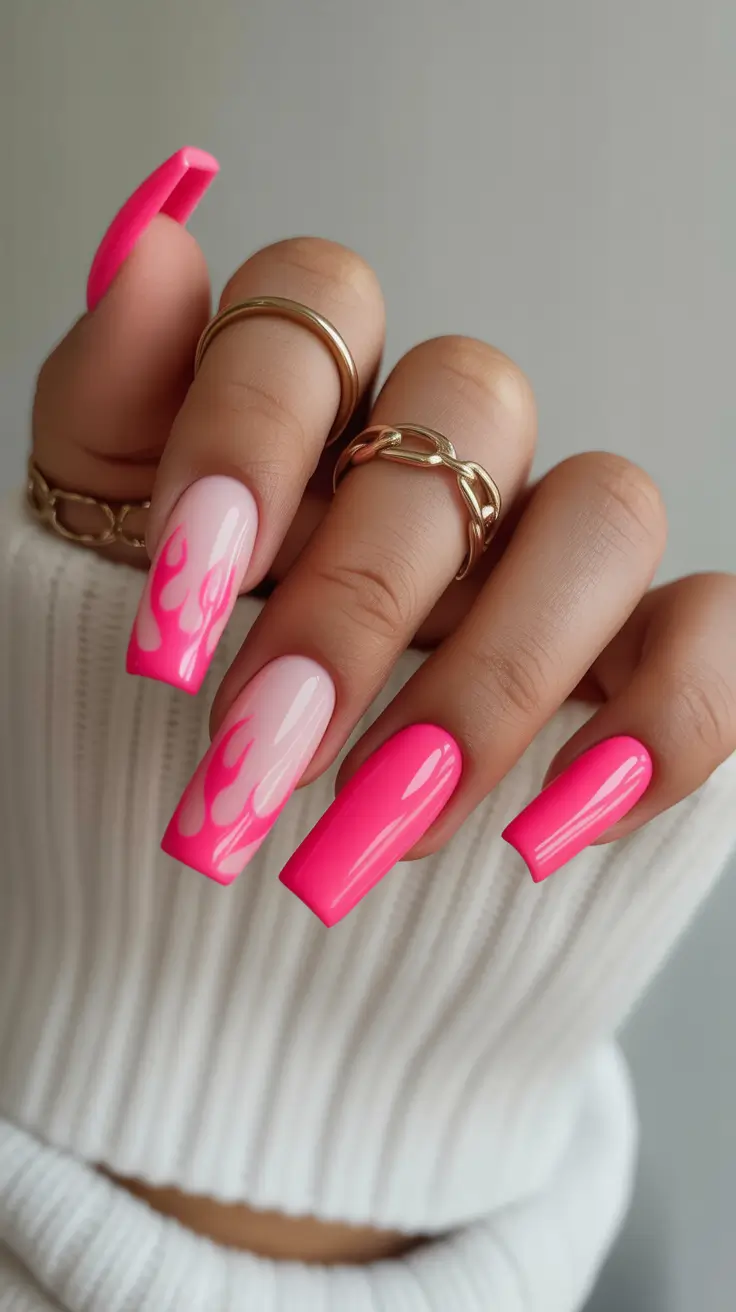 spring hot pink nails 2026 flame acrylic design