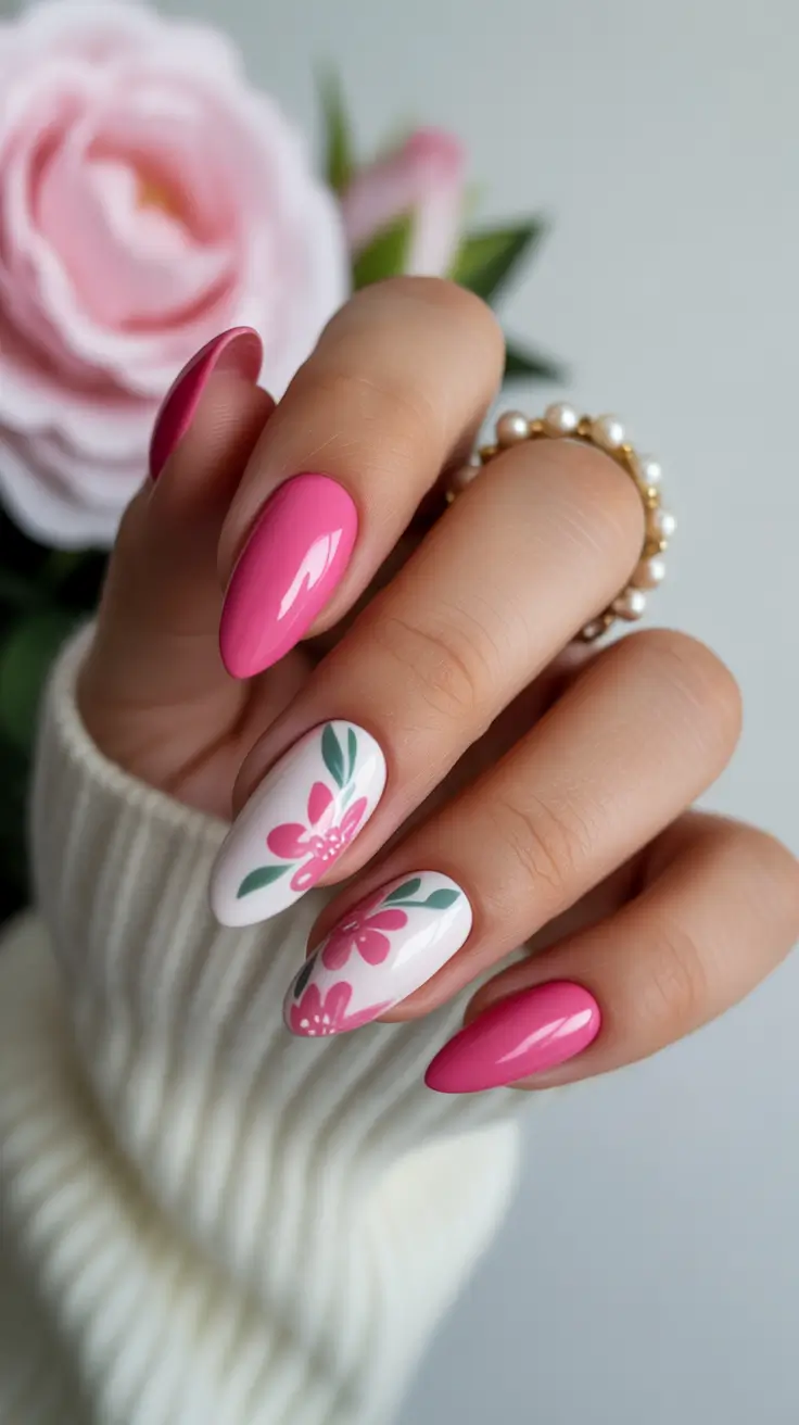 hot pink nails with design spring floral