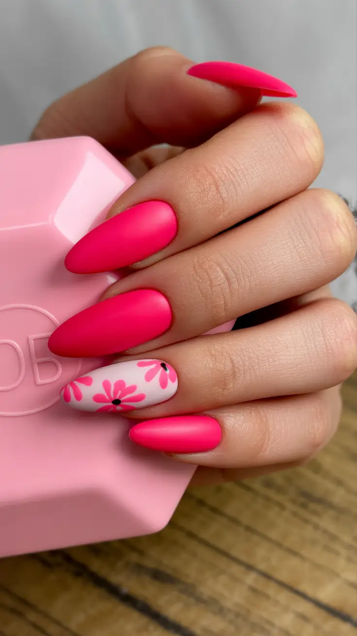 hot pink spring acrylic nails matte floral