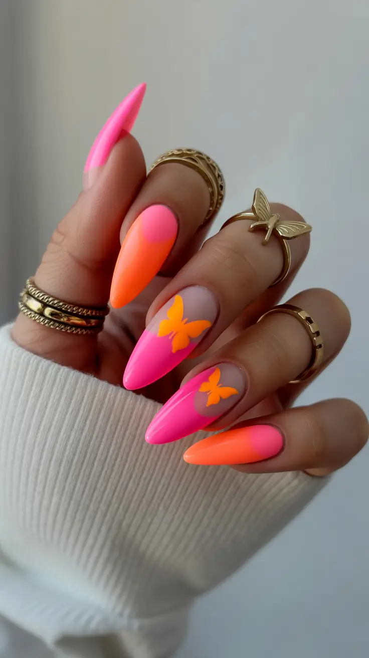 get the spring hot pink nails 2026 pink orange ombre butterfly