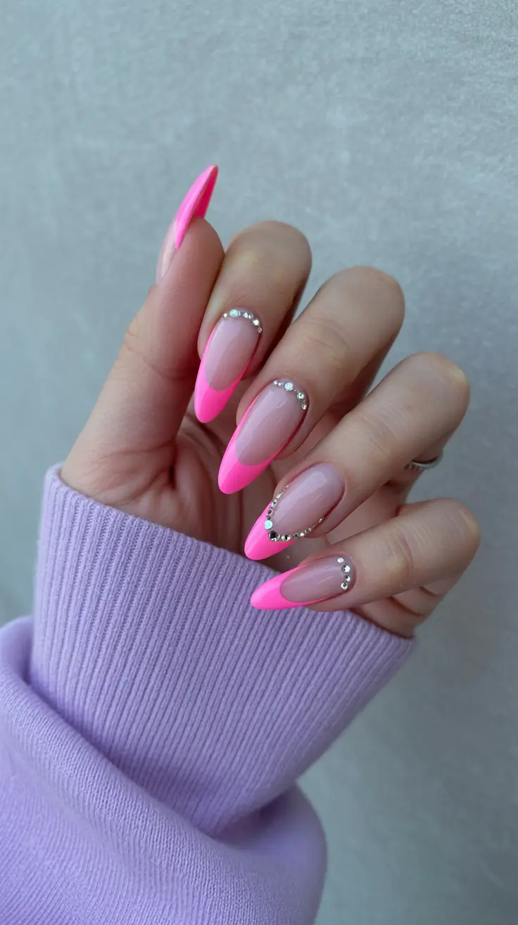 spring hot pink nails 2026 crystal tip design