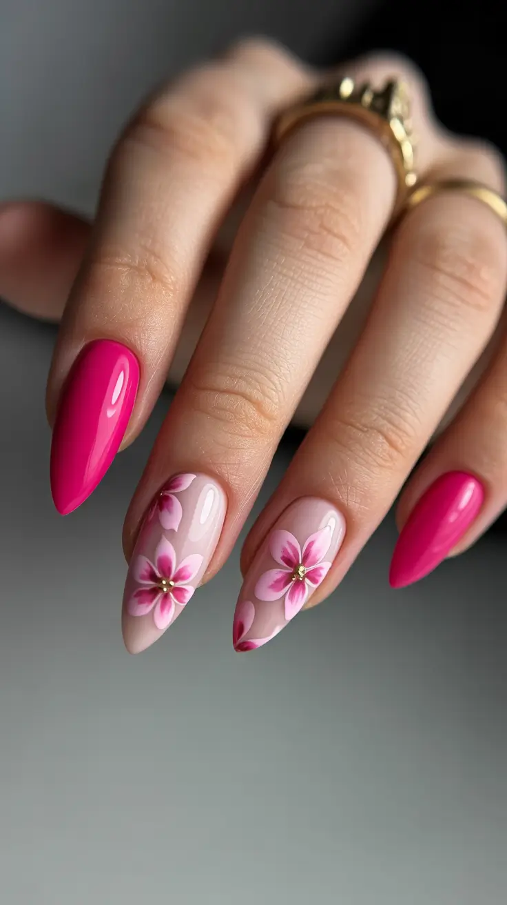 spring hot pink nails 2026 floral almond design