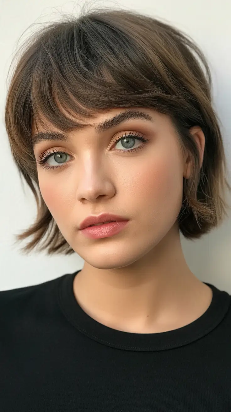 perfect spring short haircut 2026 Feathered Brunette Bob With Whisper Bangs