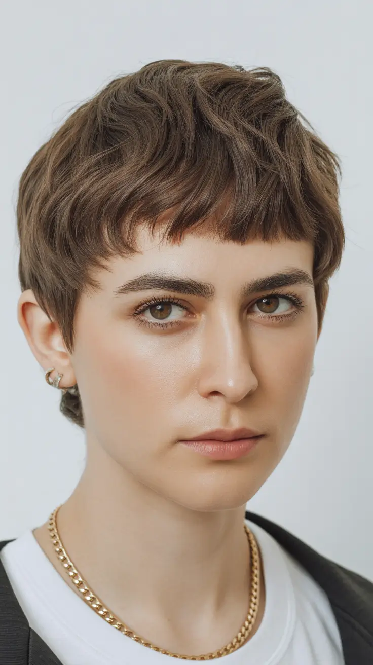 perfect spring short haircut 2026 Soft Walnut Pixie With Micro Fringe Detailing