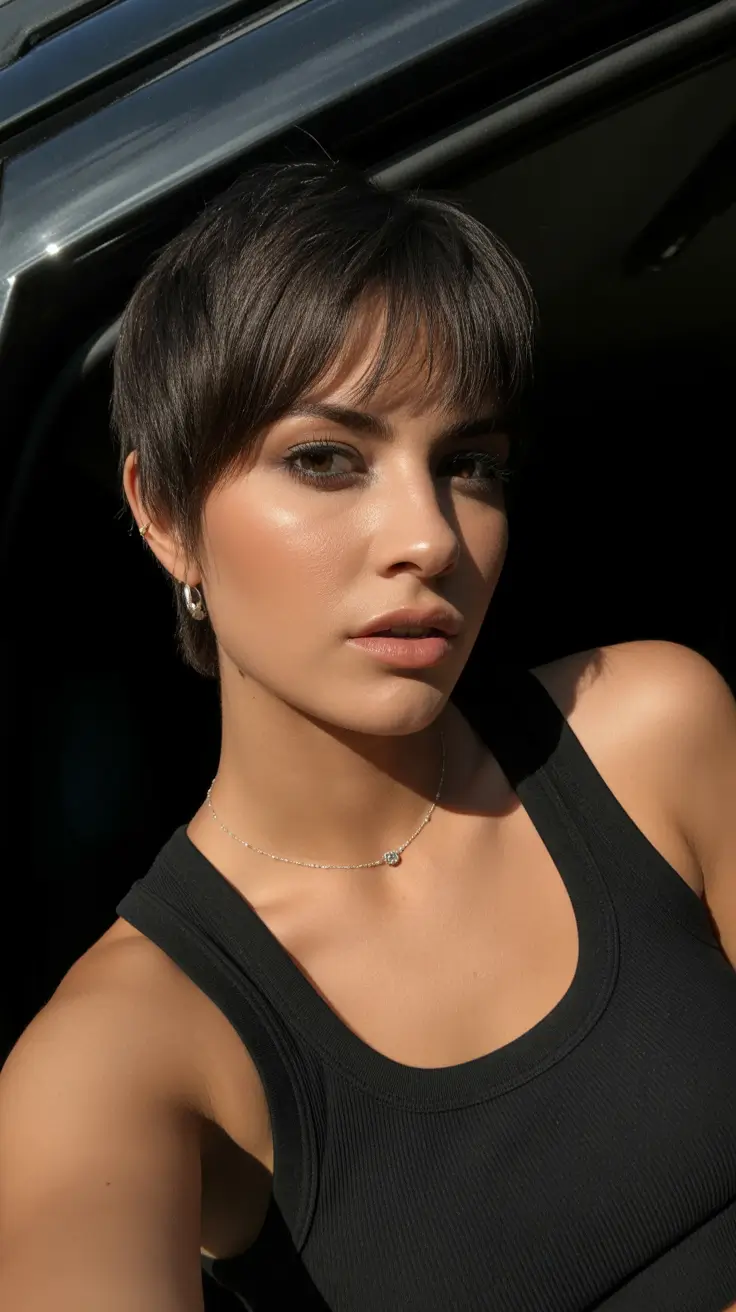perfect spring short haircut 2026 Sun-Dipped Brunette Pixie With Side-Swept Texture