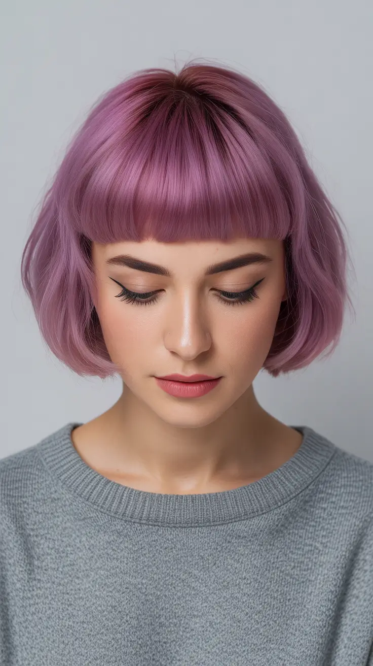 perfect spring short haircut 2026 Lavender Bob With Baby Bangs
