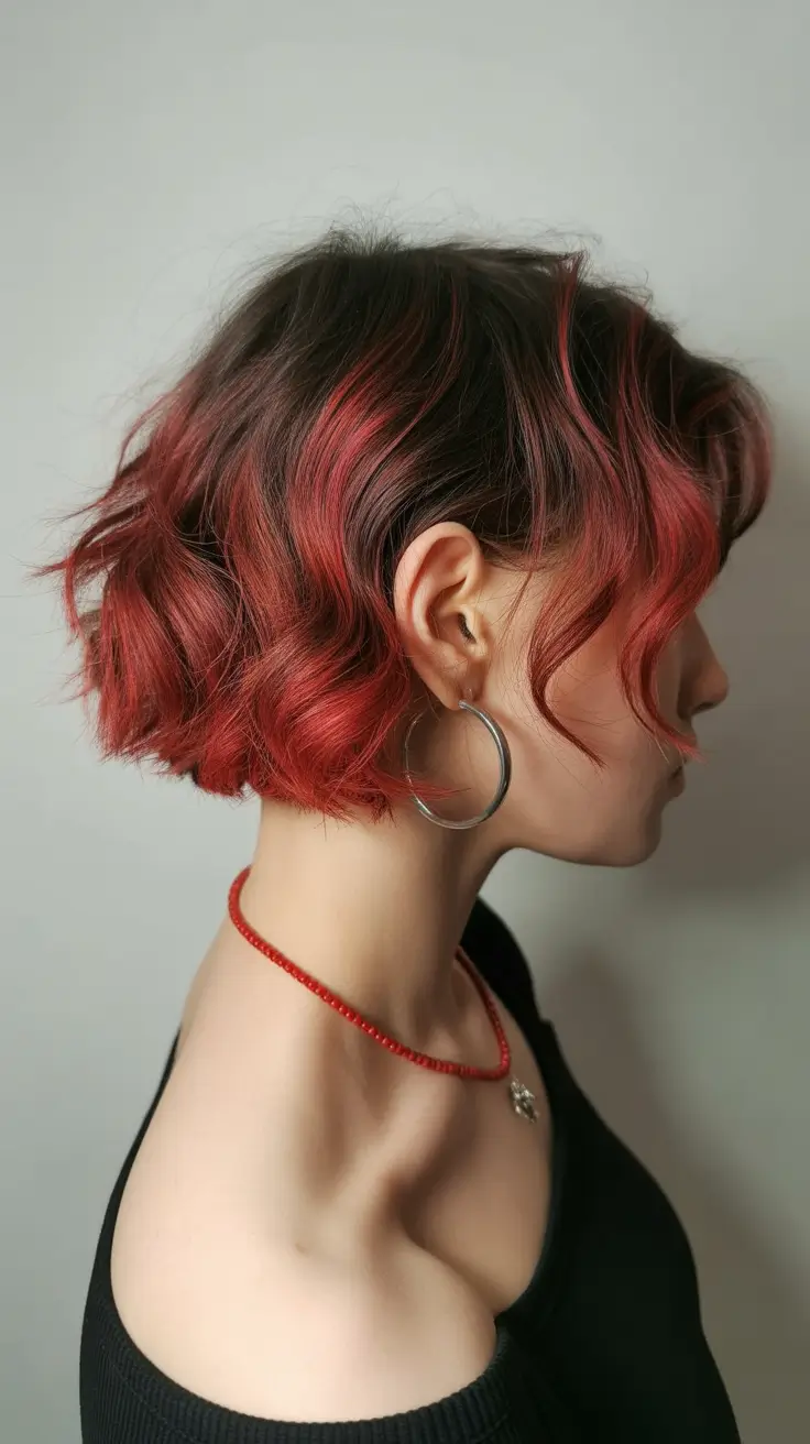 perfect spring short haircut 2026 Crimson-Glazed Wavy Bob With Lived-In Texture