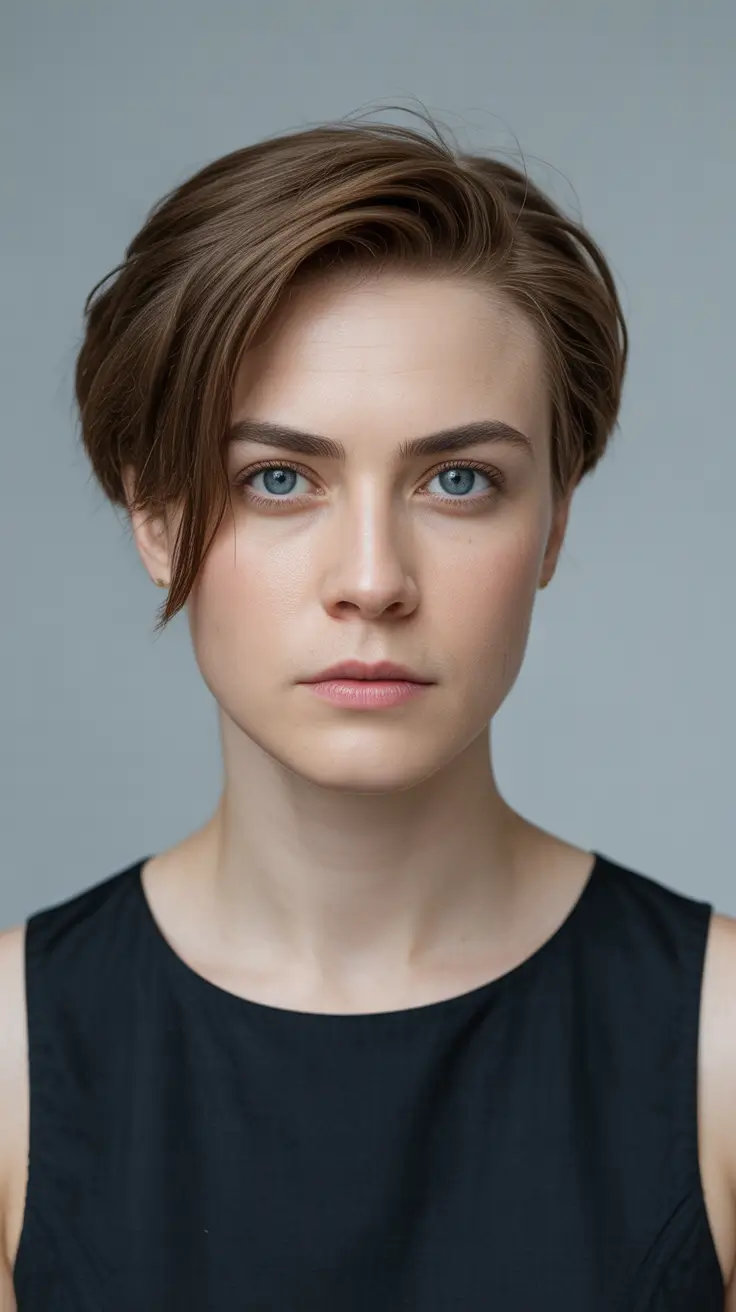 perfect spring short haircut 2026 Chin-Grazing Brunette Crop With Sweeping Fringe