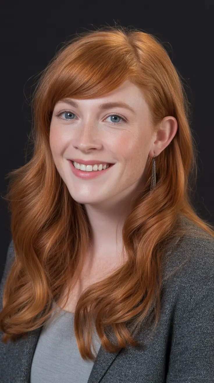 spring haircuts for women over 40 Warm Copper Waves With Side-Swept Fringe