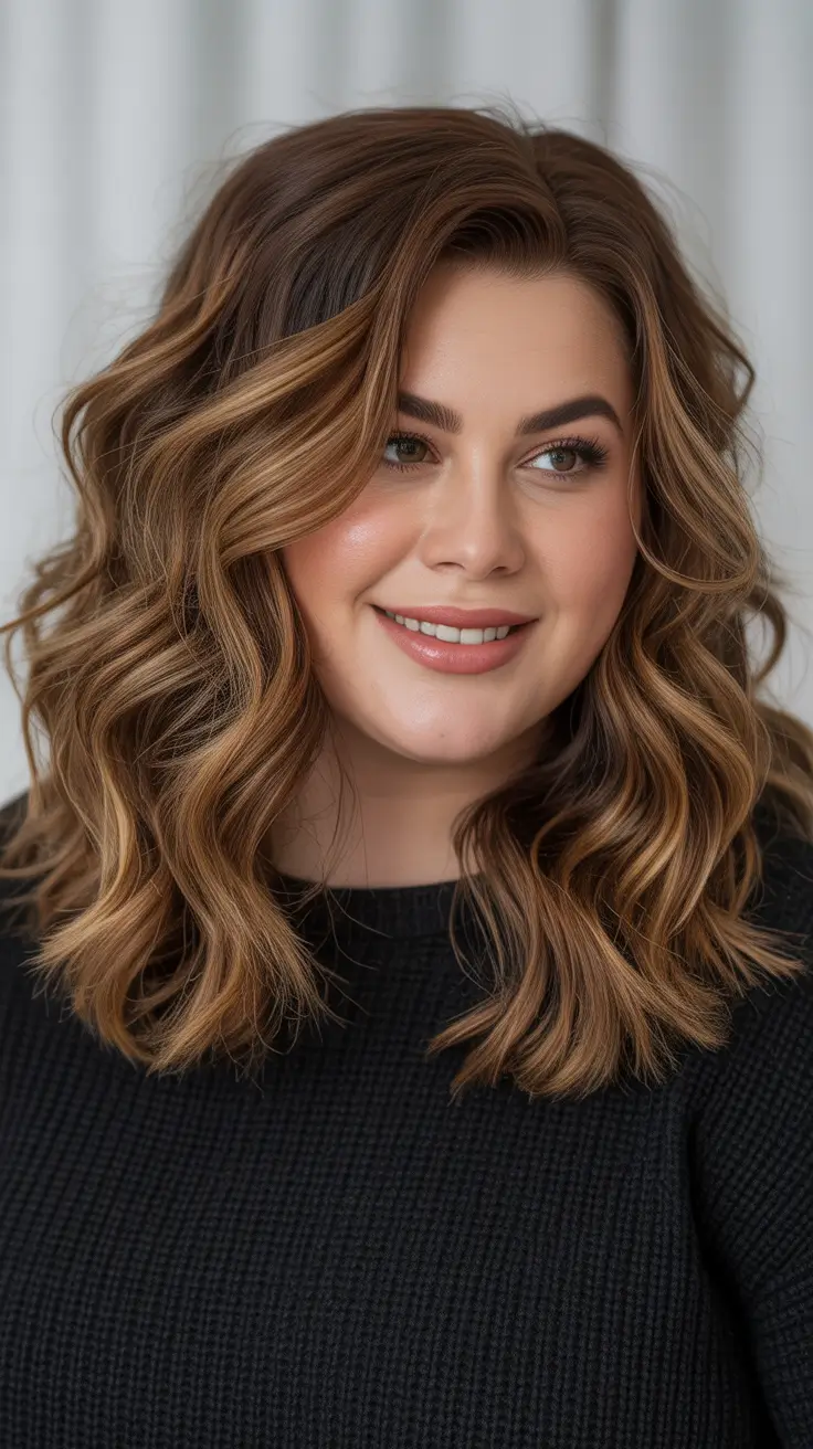 Spring Haircuts for Plus Size Women - Bronzed Wavy Medium Layers
