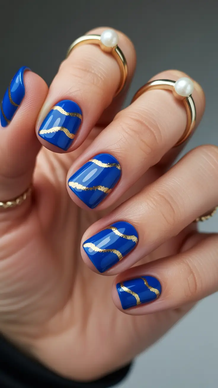 pretty short spring nails 2026 Deep Blue With Gold Waves for a Luxe Finish