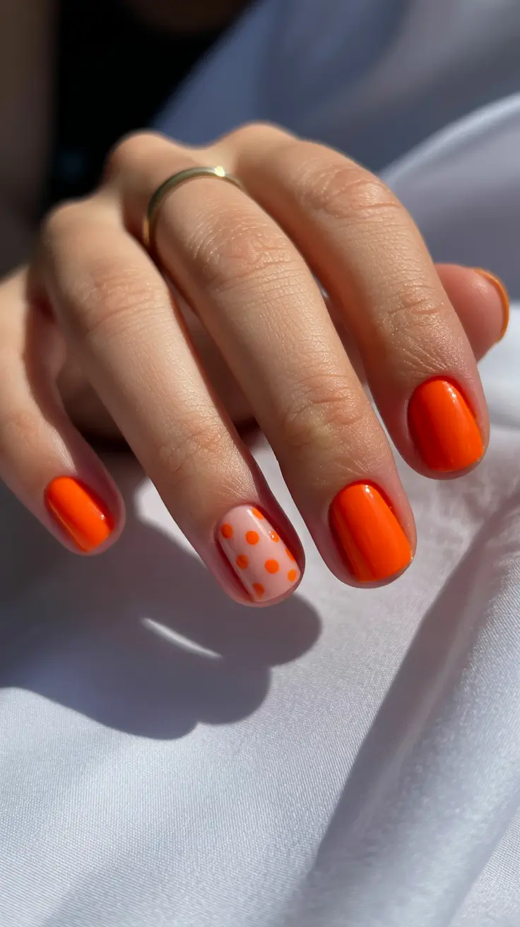 pretty short spring nails 2026 Bright Orange With a Soft Polka Accent