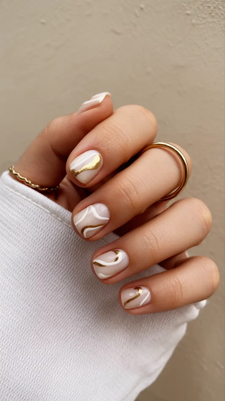 pretty short spring nails 2026 Milky Nude With Gold Wave Details