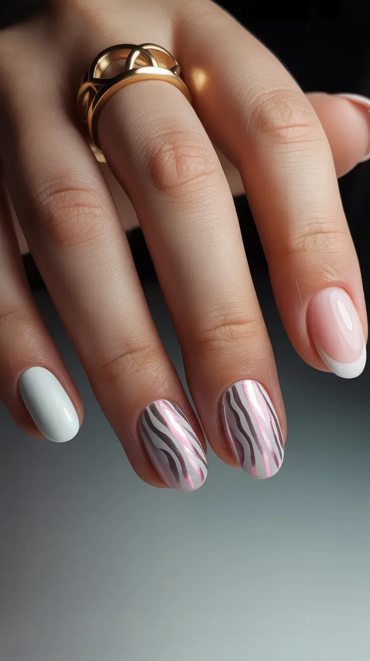 pretty short spring nails 2026 Soft Pink and Graphic Lines for a Modern Touch