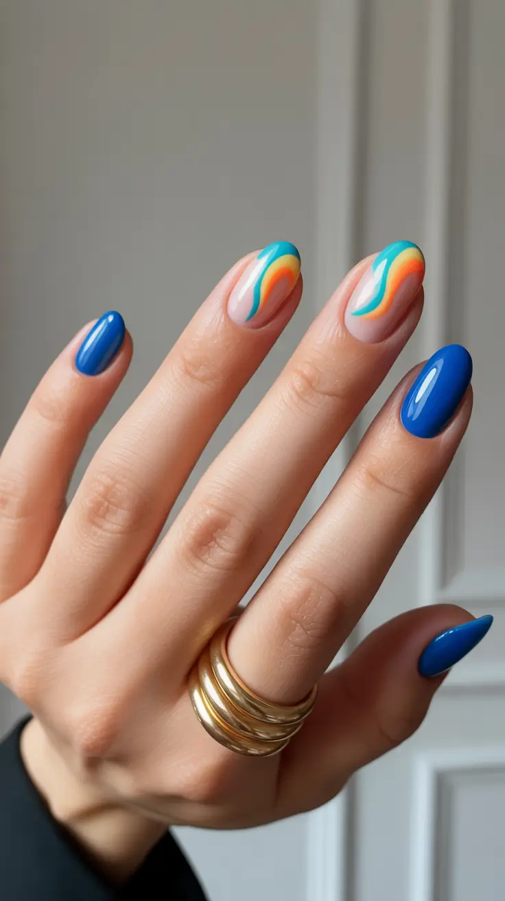 pretty short spring nails 2026 Blue and Orange Waves With a Playful Edge