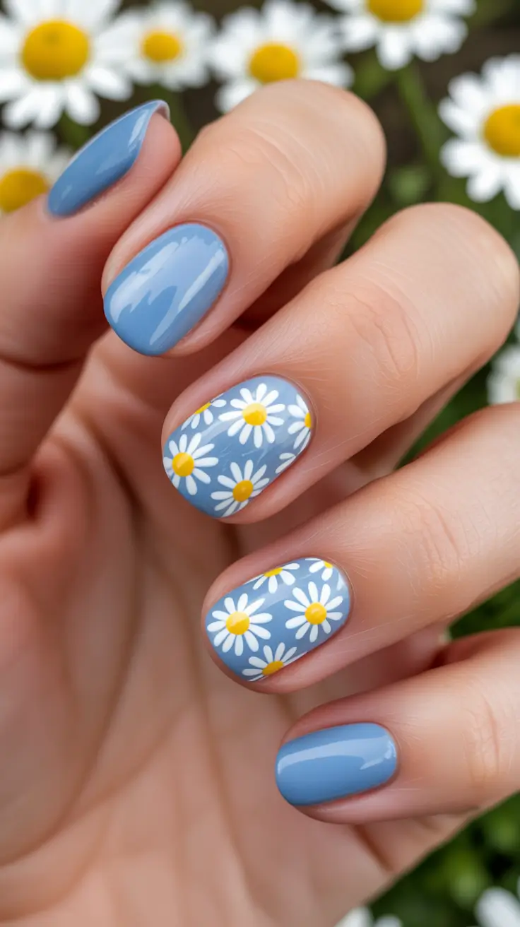 pretty short spring nails 2026 Blue Daisies for a True Spring Mood