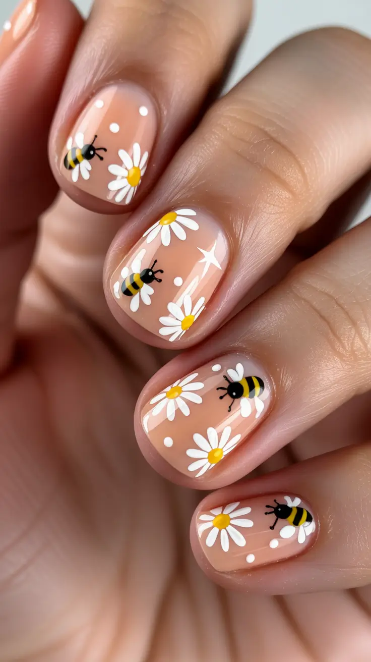 pretty short spring nails 2026 Playful Bees and Daisies for a Happy Spring Mood