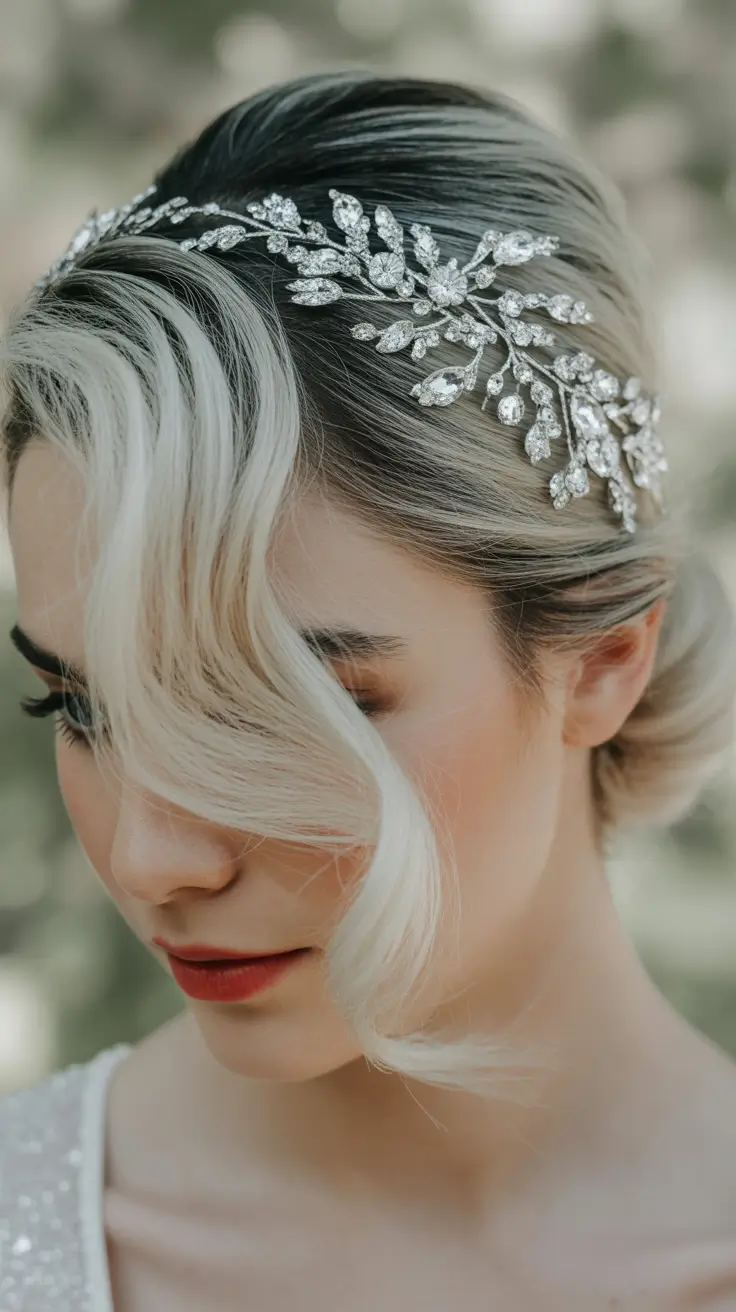 soft spring wedding hairstyle looks 2026 Crystal Vine Headpiece for Soft Spring Wedding Hairstyles Bride with Veil