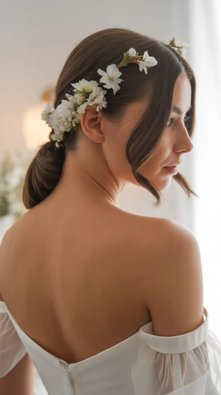 soft spring wedding hairstyle looks 2026 Floral Wrapped Low Pony for Soft Spring Wedding Hairstyles Bride