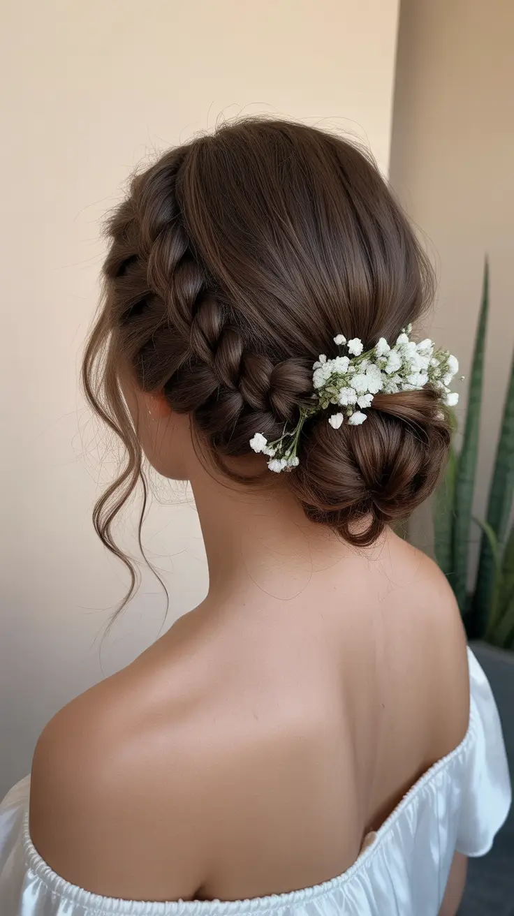 soft spring wedding hairstyle looks 2026 Side Braided Bun with Baby Breath for Spring Wedding Hairstyles Bridesmaid