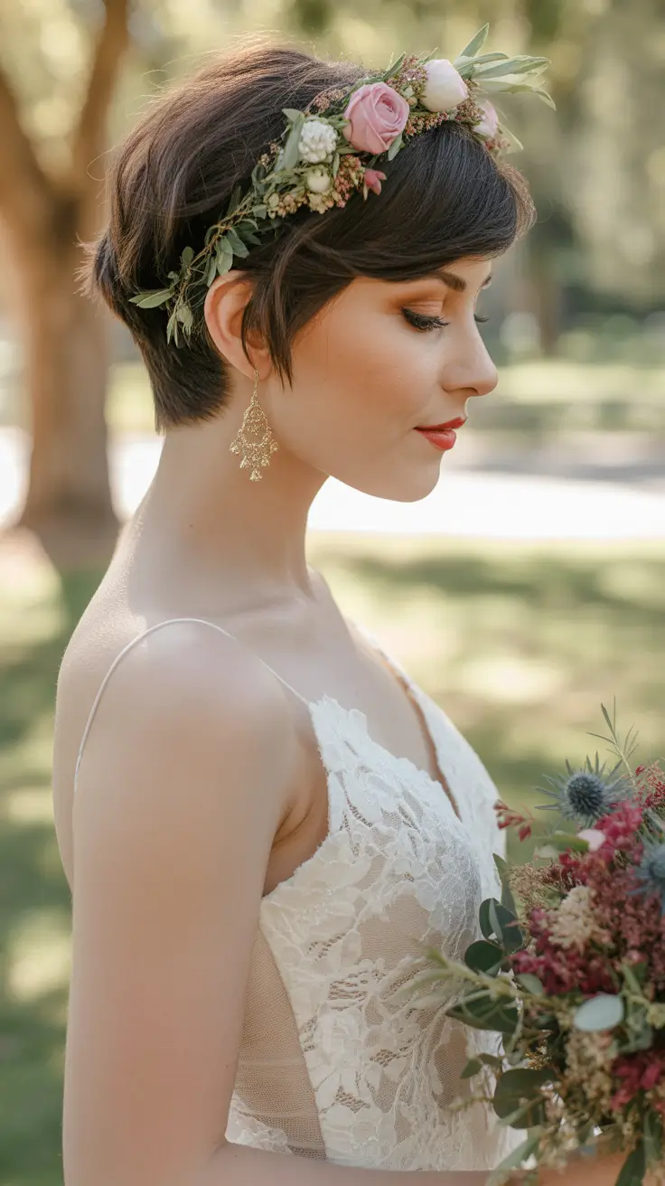 soft spring wedding hairstyle looks 2026 Short Pixie with Botanical Crown for Spring Wedding Hairstyles Short Hair