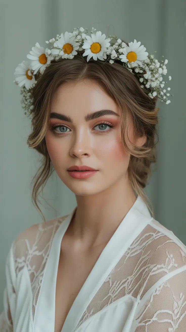 soft spring wedding hairstyle looks 2026 Daisy Crown Loose Updo for Romantic Spring Wedding Hairstyles Bride
