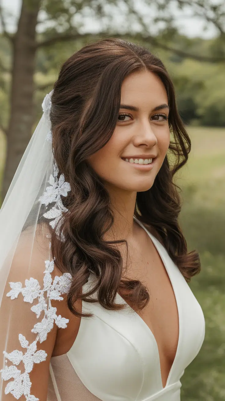 soft spring wedding hairstyle looks 2026 Half Up Waves with Veil for Soft Spring Wedding Hairstyles Bride with Veil