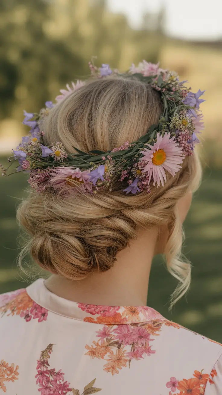 soft spring wedding hairstyle looks 2026 Meadow Crown Low Bun for Botanical Spring Wedding Hairstyles Bride
