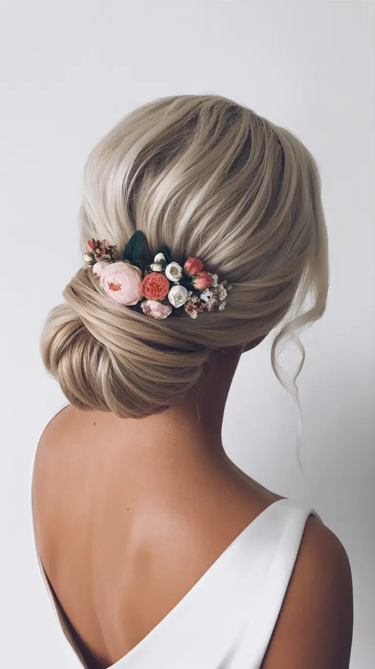 soft spring wedding hairstyle looks 2026 Petite Floral Tuck Bun for Elegant Spring Wedding Hairstyles Guest Hair
