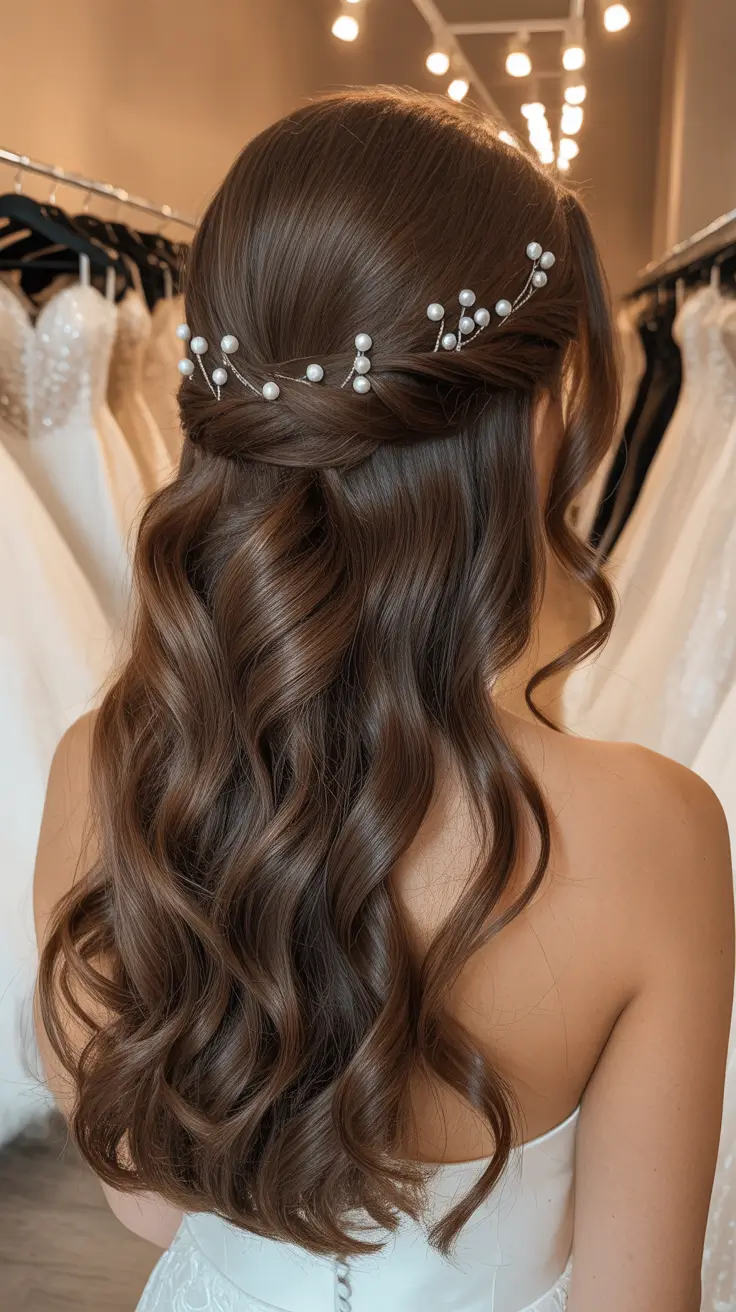 soft spring wedding hairstyle looks 2026 Pearl Vine Half Up Waves for Soft Spring Wedding Hairstyles Bride