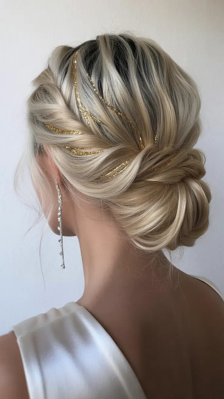 soft spring wedding hairstyle looks 2026 Gold Threaded Low Chignon for Luxe Spring Wedding Hairstyles Updo