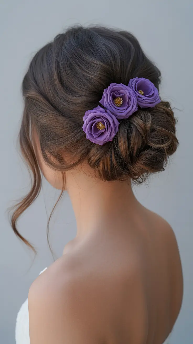 soft spring wedding hairstyle looks 2026 Lavender Accent Knot for Modern Bridesmaid Elegance