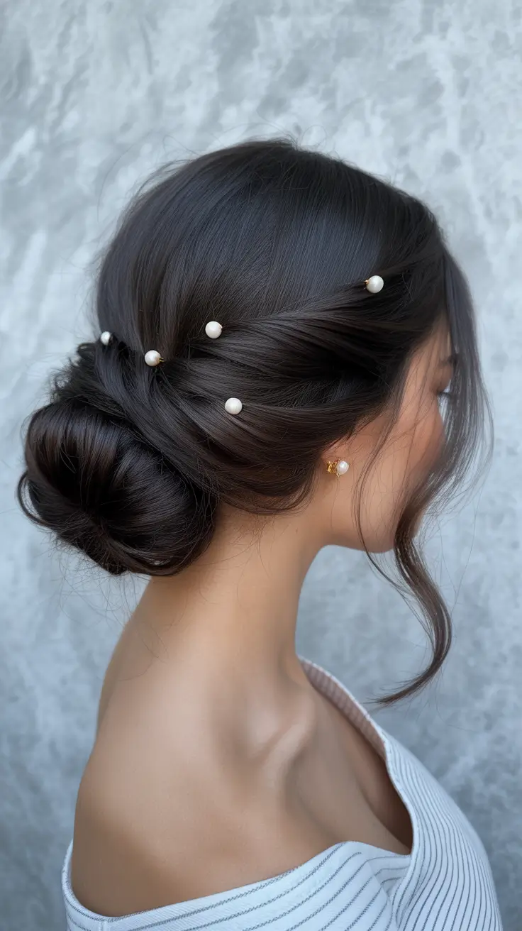 soft spring wedding hairstyle looks 2026 Pearl Pinned Low Bun for Polished Guest Hair