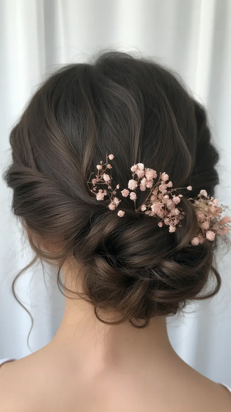 soft spring wedding hairstyle looks 2026 Blush Baby Breath Twist for Airy Spring Wedding Hairstyles Bride