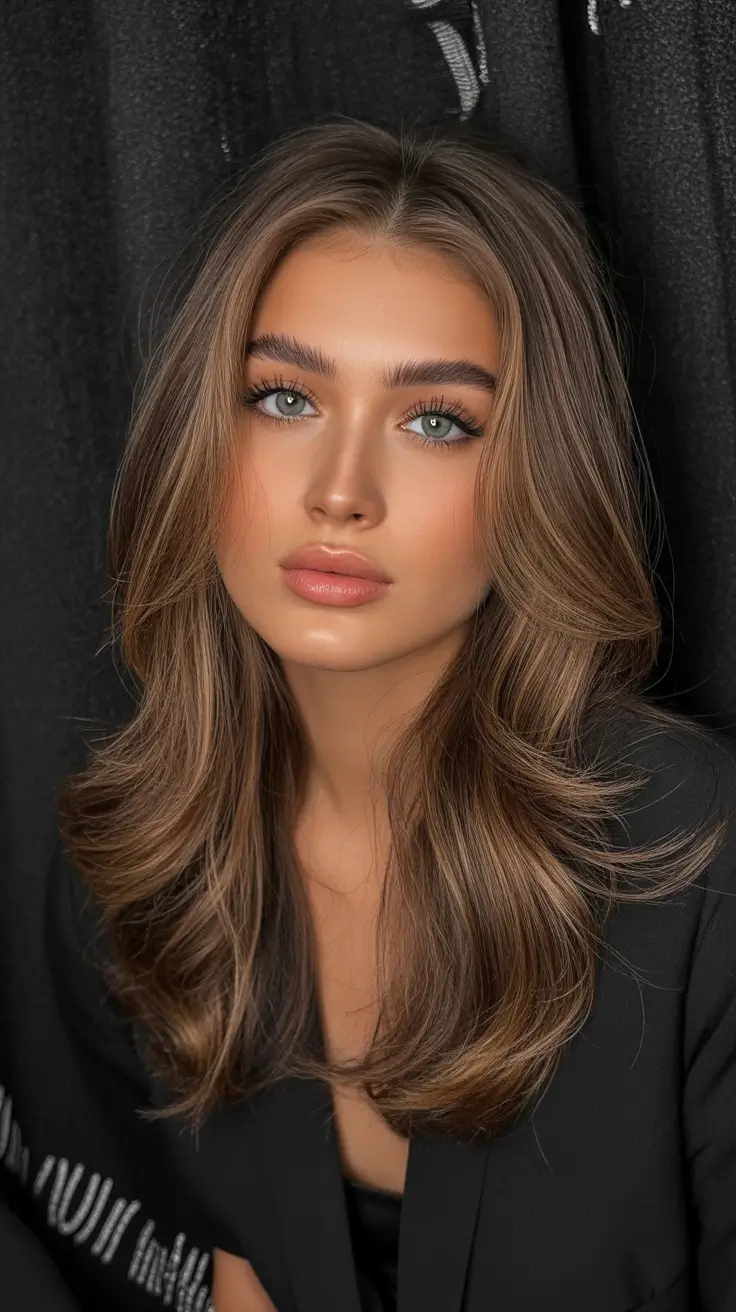 spring hair color trends 2026 Warm Brunette Layers with Subtle Golden Reflection