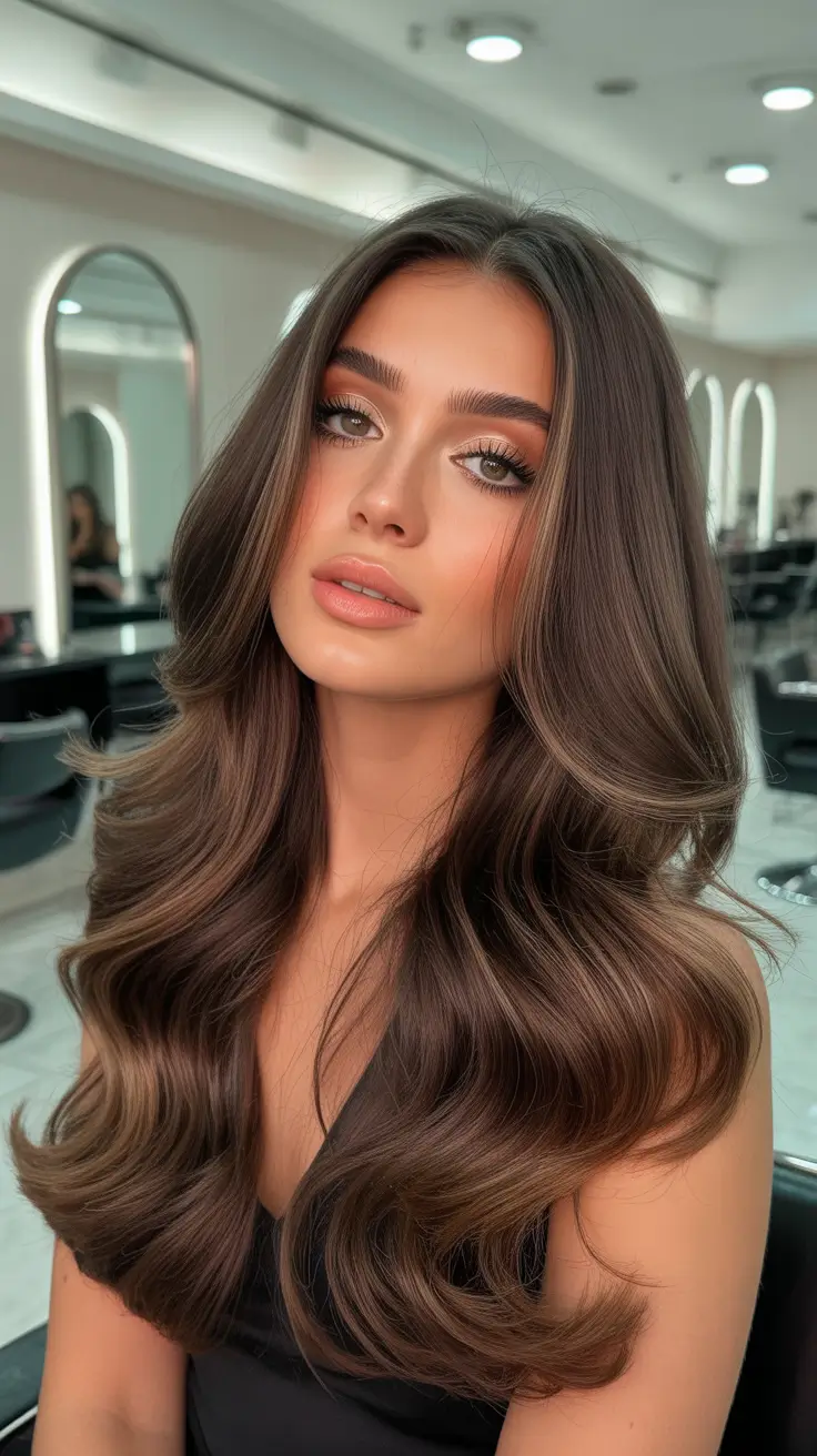 spring hair color trends 2026 Deep Espresso Waves with Luminous Finish
