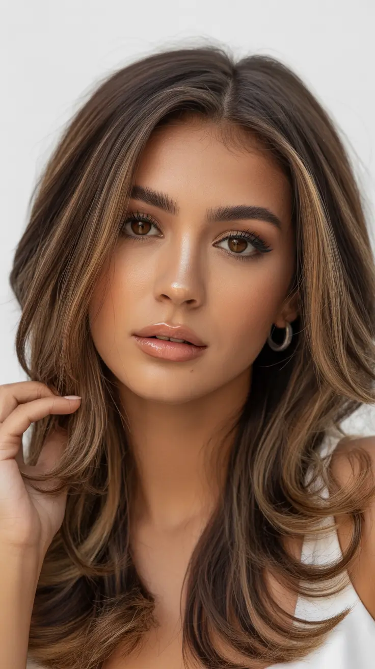 spring hair color trends 2026 Brunette with Soft Highlights and Natural Movement