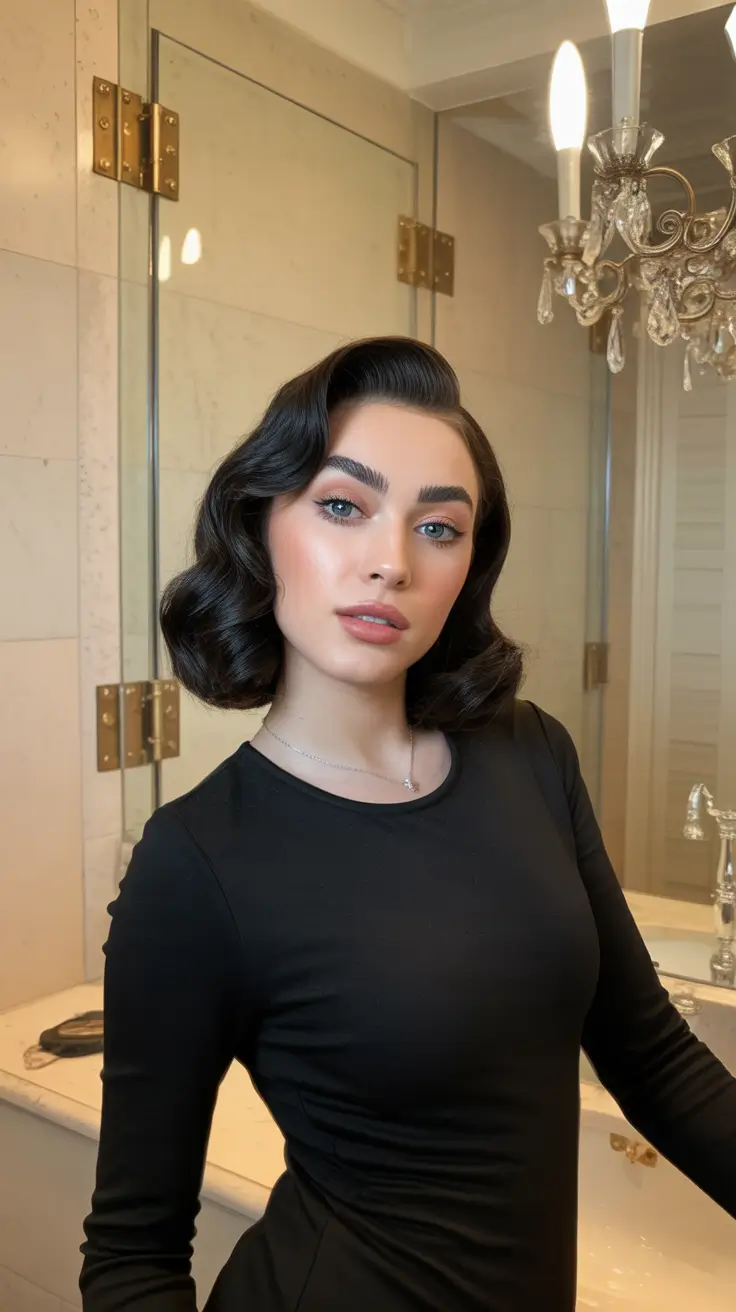 spring hair color trends 2026 Glossy Black Waves with Old-Hollywood Influence