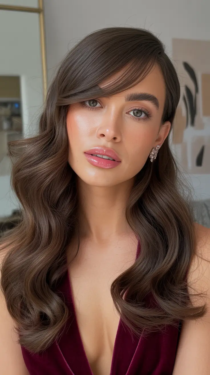 subtle spring brunette hair color 2026 Side-Swept Brunette with Soft, Sculpted Waves and Feathered Bangs