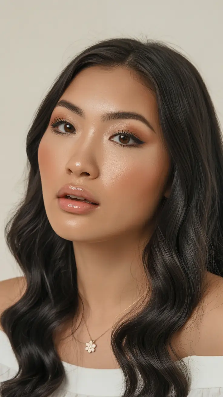 subtle spring brunette hair color 2026 Glossy Dark Brunette Waves with a Clean Spring Shine