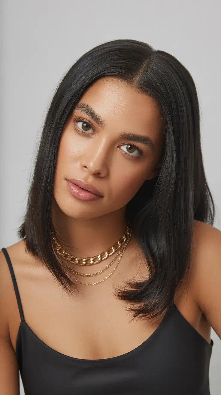 subtle spring brunette hair color 2026 Sharp Shoulder-Length Brunette Cut with Clean Edges