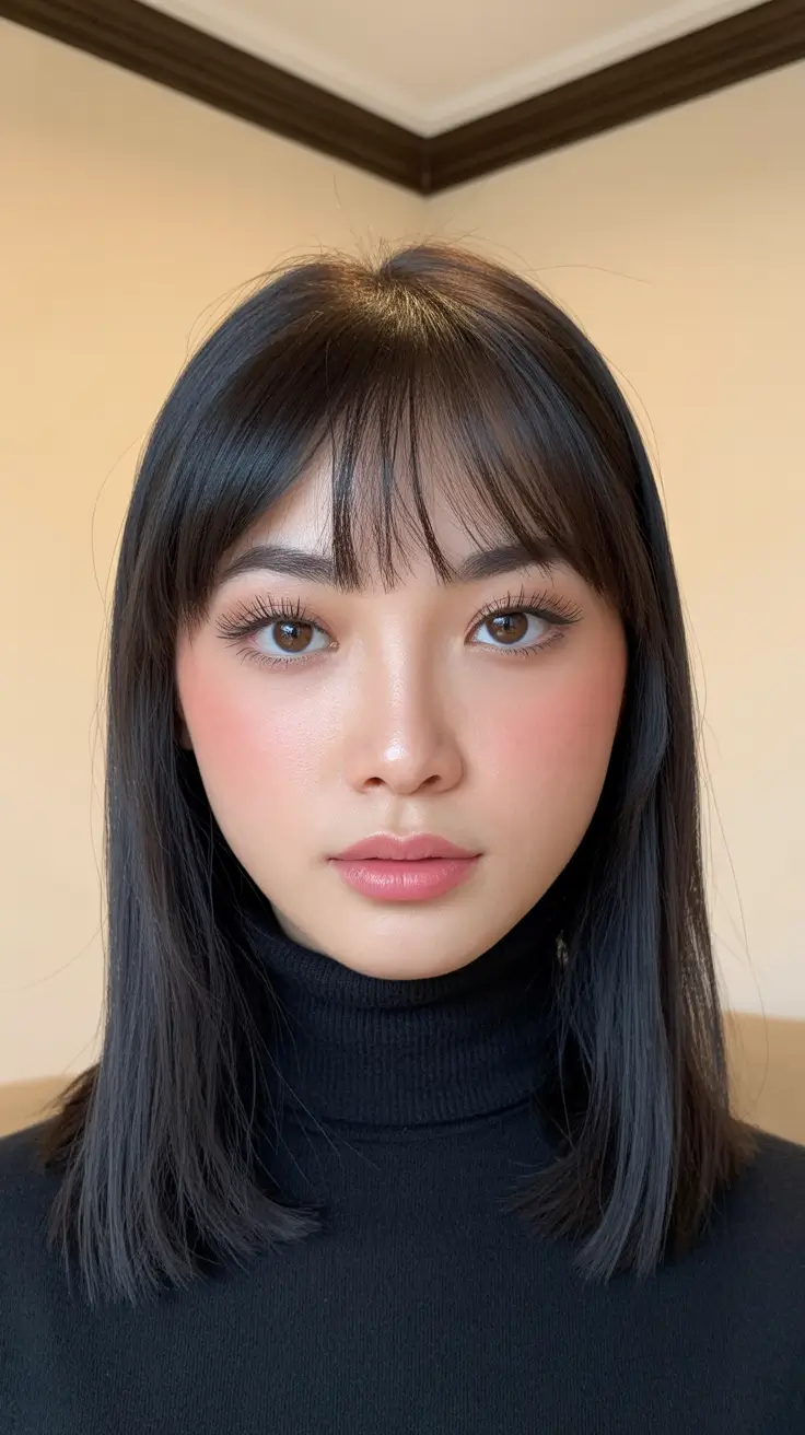 subtle spring brunette hair color 2026 Soft Mid-Length Brunette with Wispy Bangs