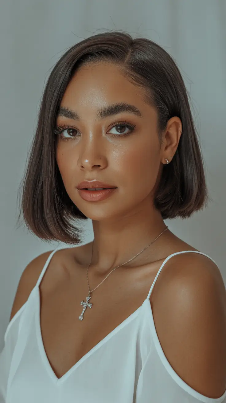 subtle spring brunette hair color 2026 Minimal Brunette Bob with a Clean Silhouette