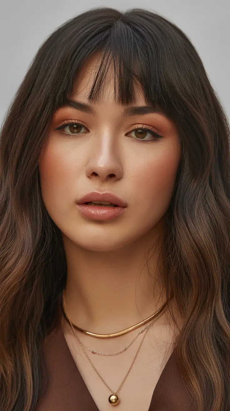 subtle spring brunette hair color 2026 Soft Brunette Waves with Feathered Spring Bangs