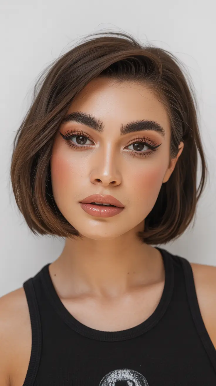 subtle spring brunette hair color 2026 Rounded Brunette Bob with Polished Spring Volume